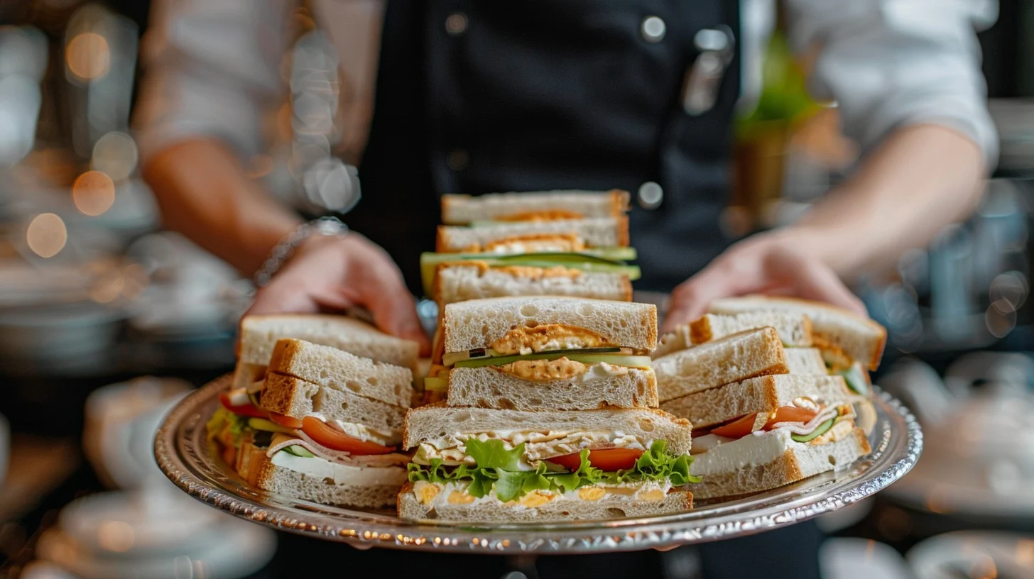Delicious Sandwich A waiter serving a beautifully arranged platter of assorted sandwiches stacked high for a catered event.