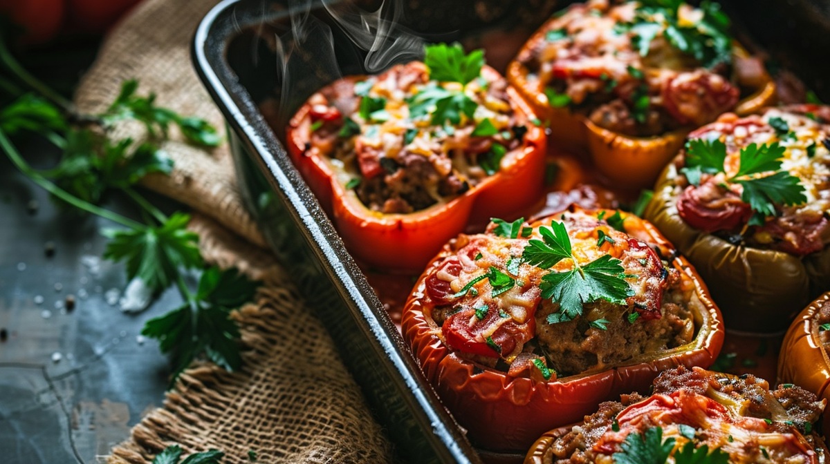 Stuffed Bell Peppers Delicious stuffed bell peppers filled with a savory mixture, topped with melted cheese on a rustic kitchen table.