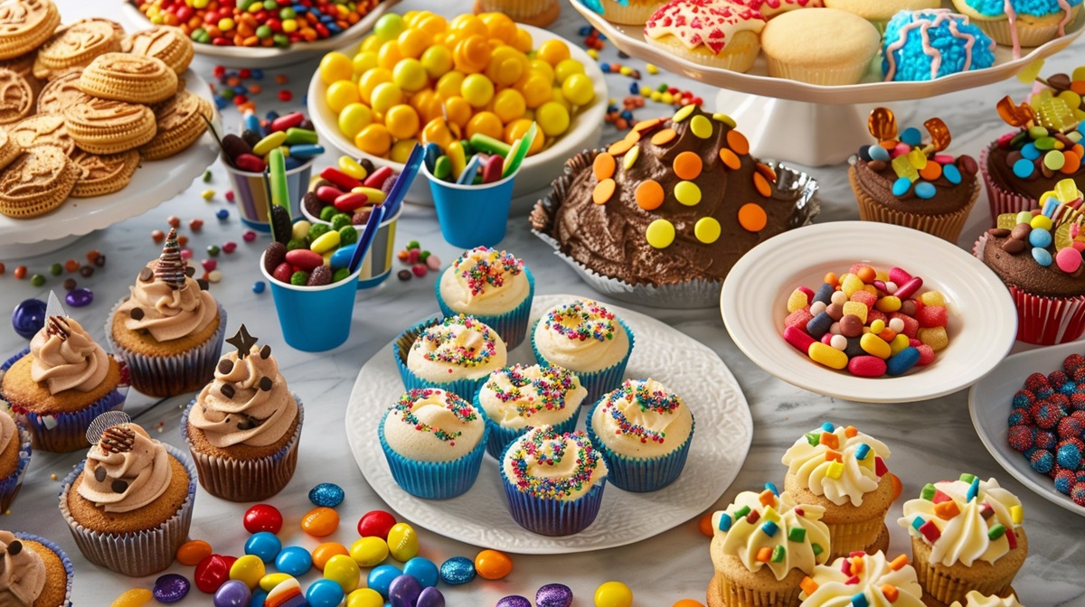 Sweet Treats Galore A colorful arrangement of desserts featuring cupcakes, candies, and cookies at a festive celebration or party.