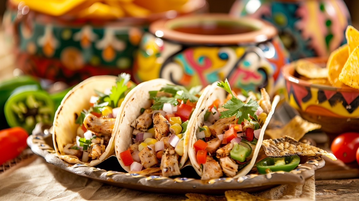 Taco Feast Colorful tacos filled with grilled chicken, fresh vegetables, and cilantro served on a decorative Mexican pottery.