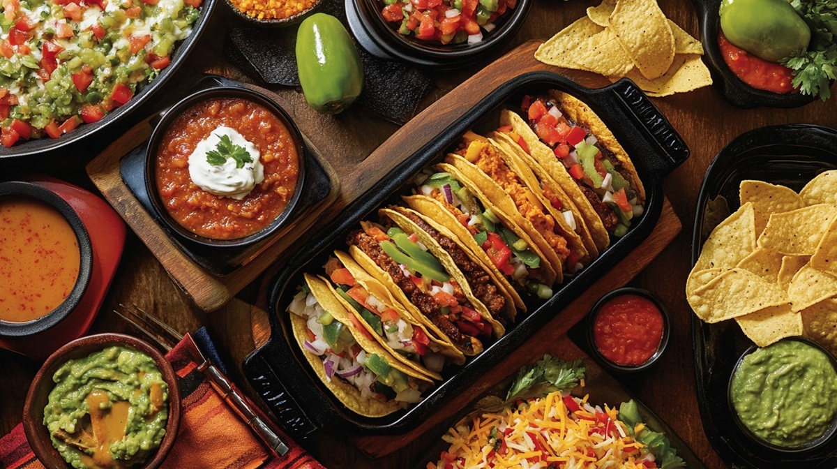 Tasty Mexican Spread A vibrant and appetizing Mexican feast featuring tacos, guacamole, salsa, nachos, and other traditional sides.