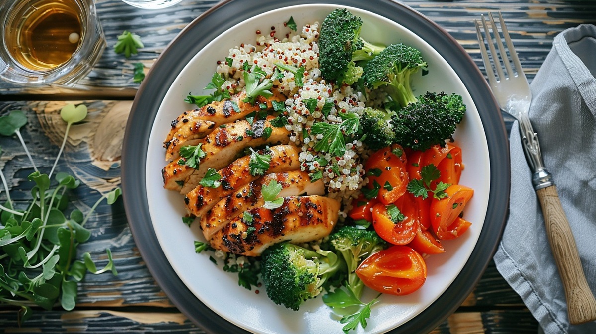 Teriyaki Chicken with Broccoli A nutritious plate featuring grilled chicken, fresh vegetables, quinoa, and a sprinkle of sesame seeds, perfect for a balanced meal.