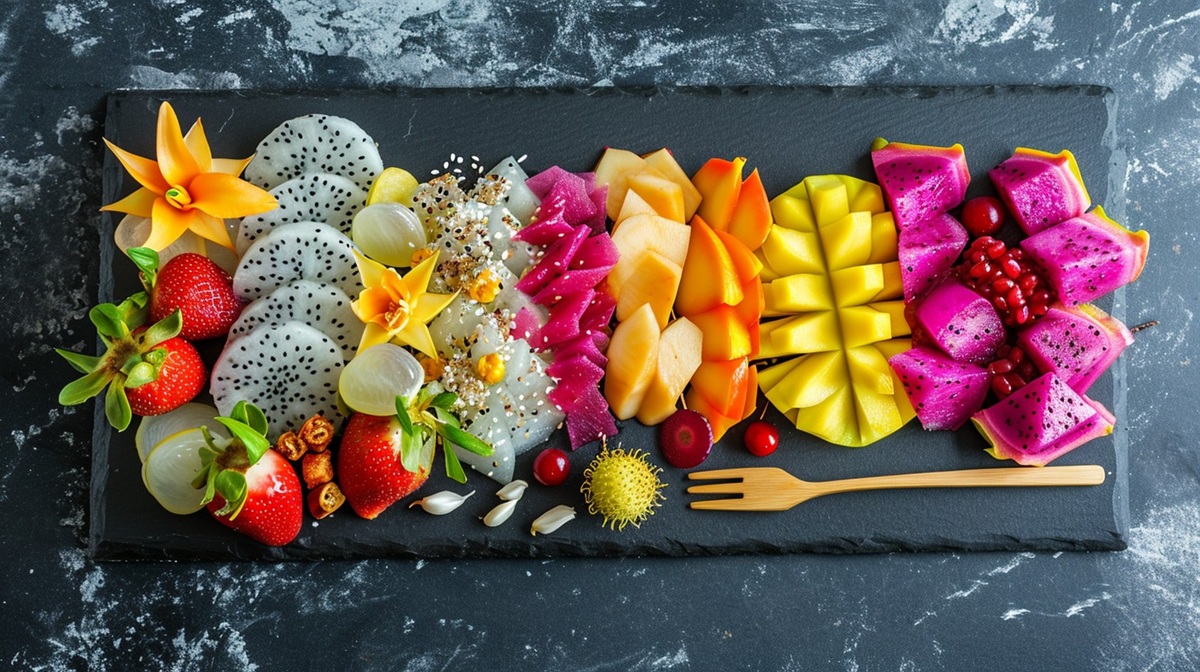 Tropical Fruit Platter A vibrant array of freshly cut tropical fruits beautifully arranged on a sleek black platter.