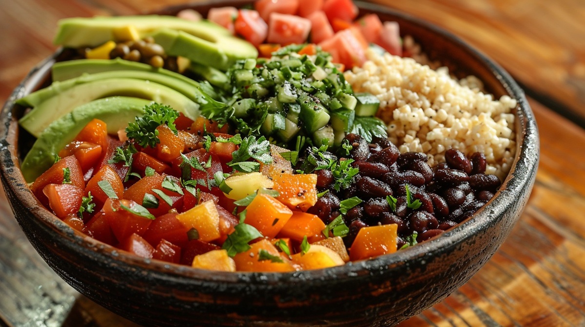 Vegan Bowl A vibrant and nourishing vegan bowl featuring avocado, black beans, rice, and an assortment of fresh vegetables.