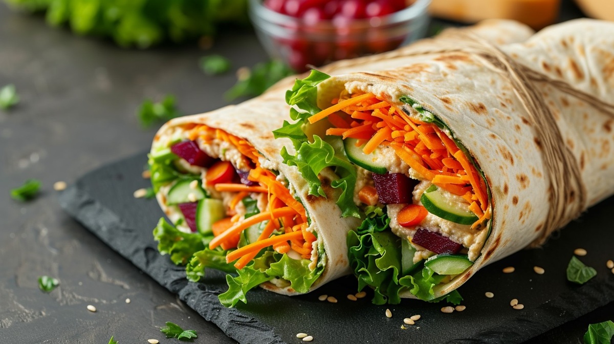 Vegetable Wrap Delight Fresh vegetable wrap with crisp lettuce, carrots, and beets on a slate serving tray, perfect for a healthy meal.