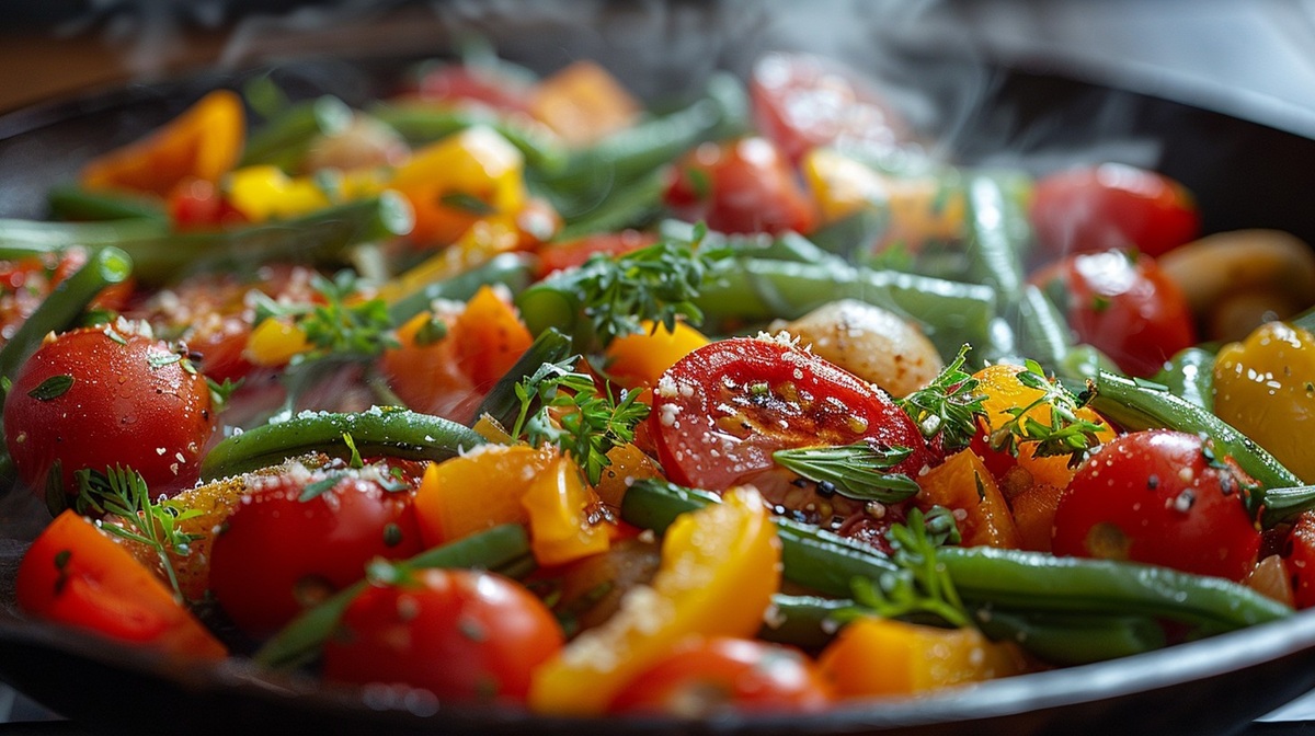 Vegetables Sauteed A vibrant stir-fry featuring fresh green beans, cherry tomatoes, and bell peppers sprinkled with herbs.