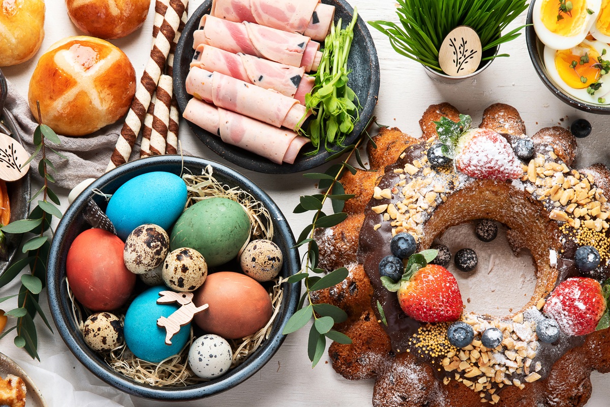easter food Colorful Easter table set.