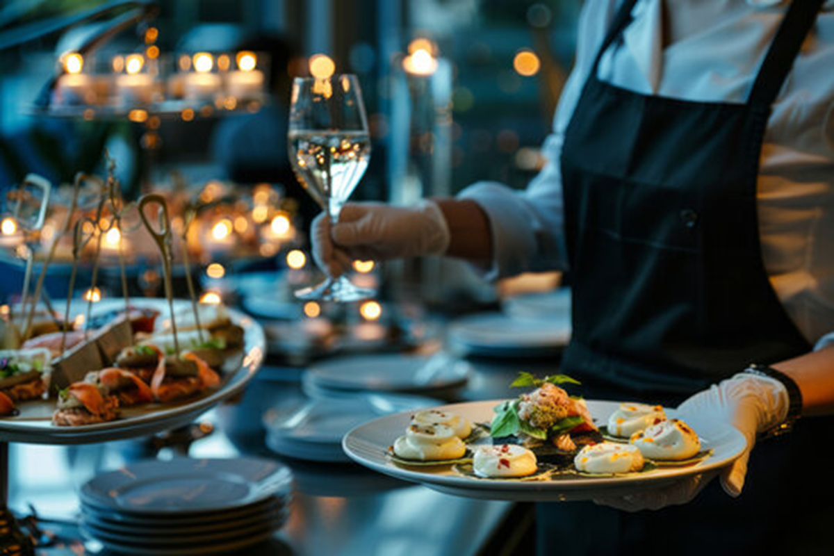 gala dinner Professional catering staff serving guests at a gala dinner.